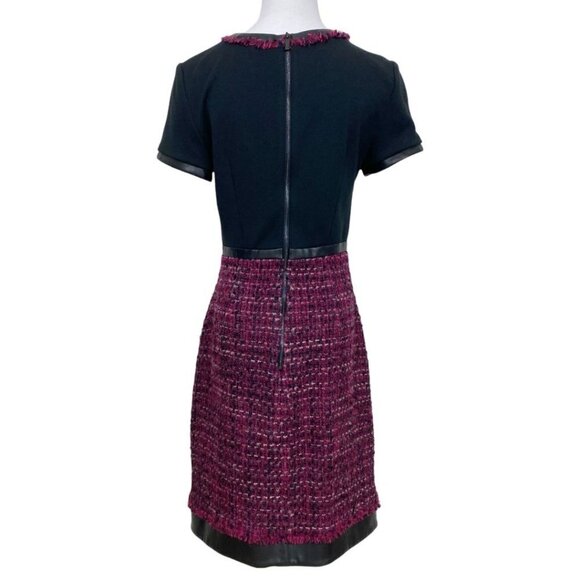 KARL LAGERFELD BLACK BURGUNDY TWEED WOOL BLEND FAUX LEATHER COMBO DRESS - 2 - Picture 3 of 9